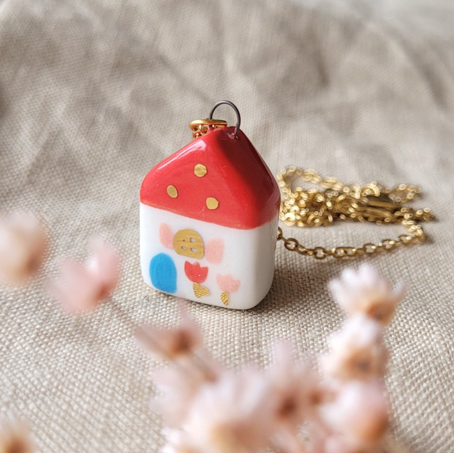 Porcelain necklace with gold "Red house with pink window"
