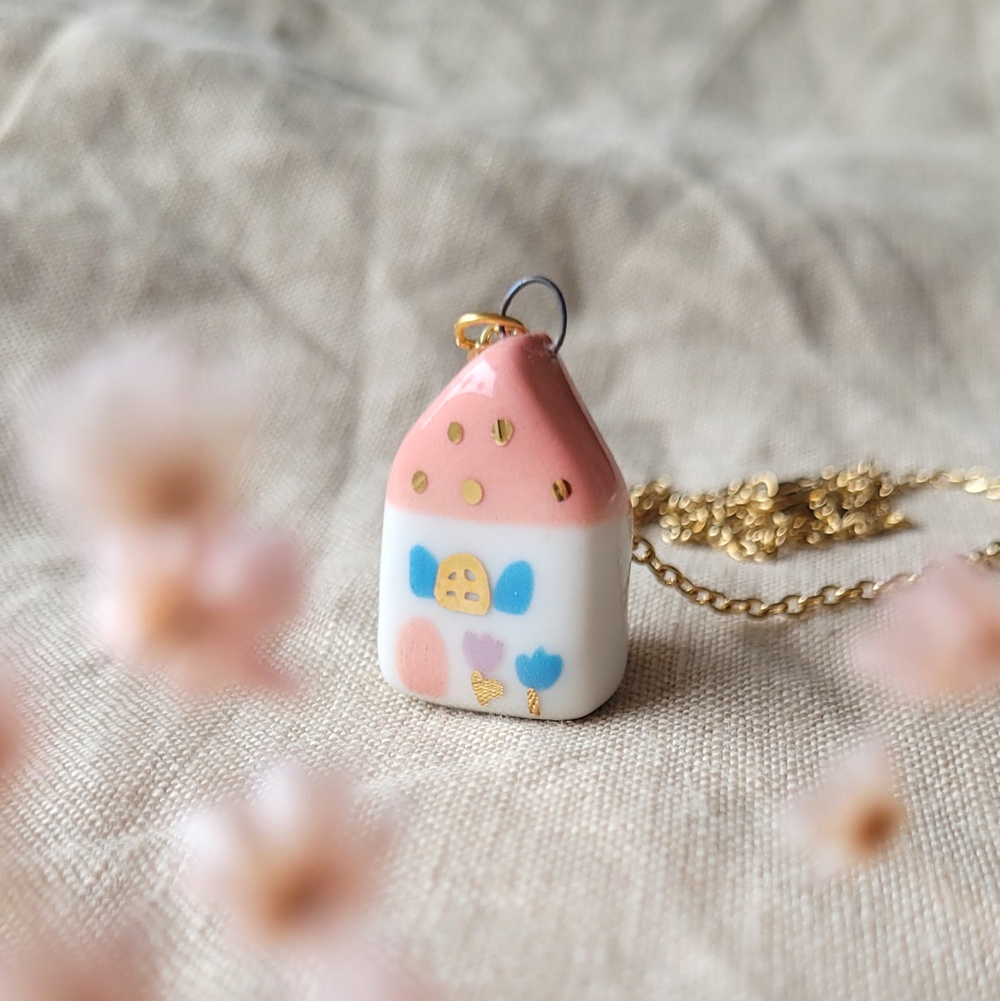 Porcelain necklace with gold "Pink house with blue window"