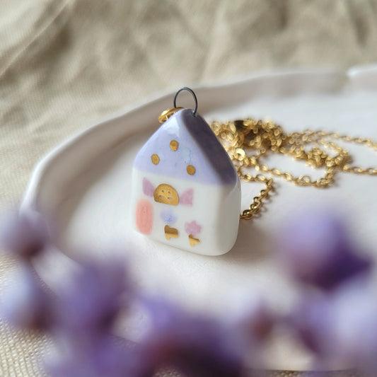 Porcelain necklace with gold "Light purple house with pink door"