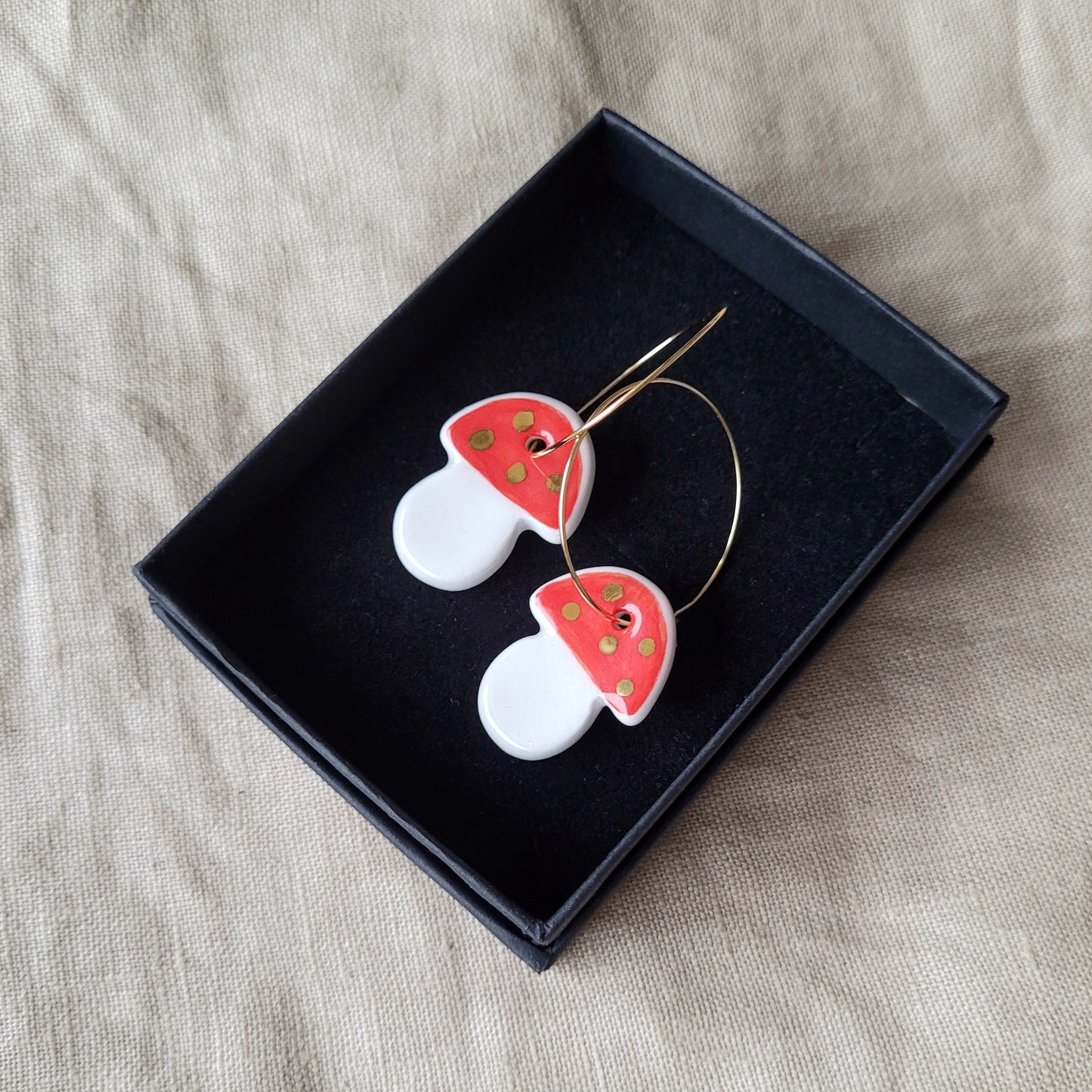 Porcelain dangle earrings with gold "Mushrooms"