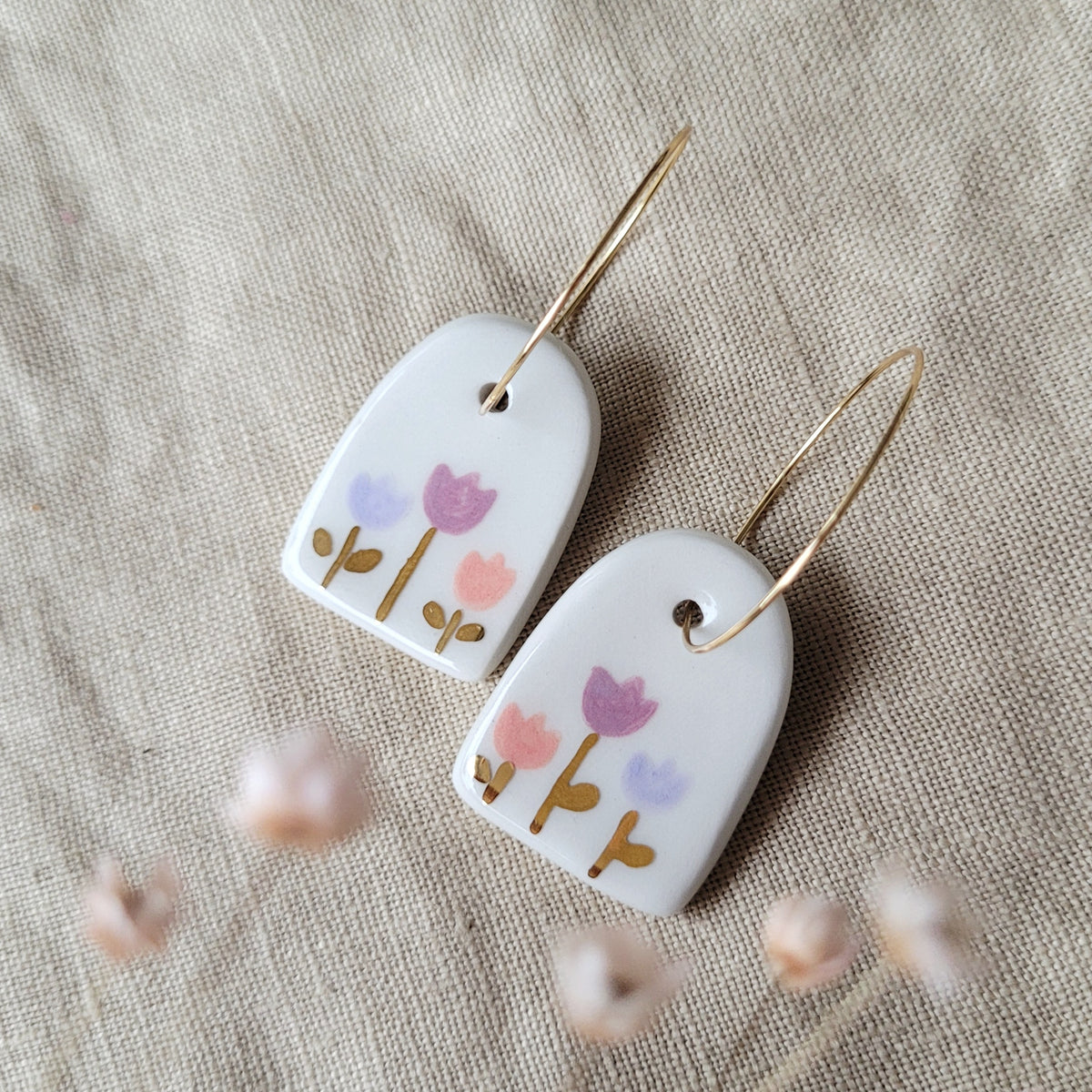 Porcelain dangle earrings with gold "Tulips"