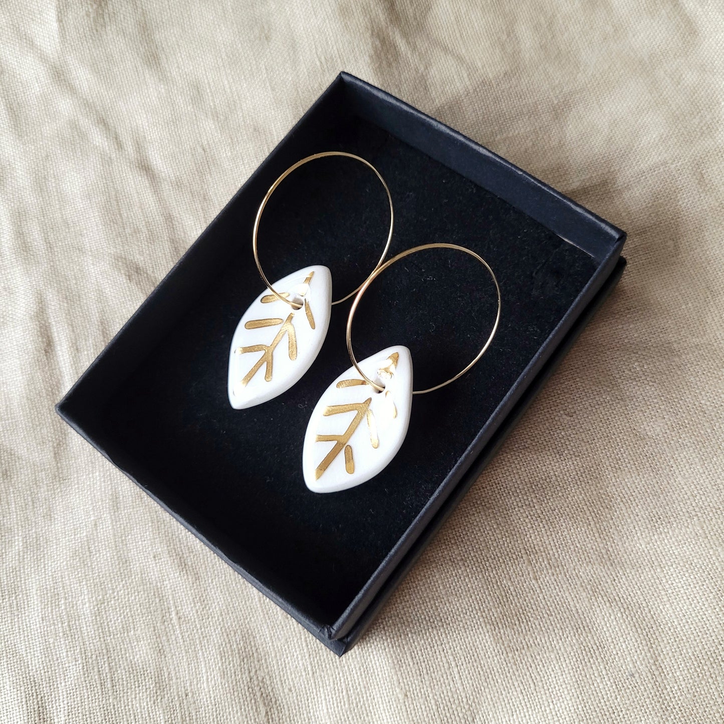 Porcelain dangle earrings with gold "White and gold leaves"