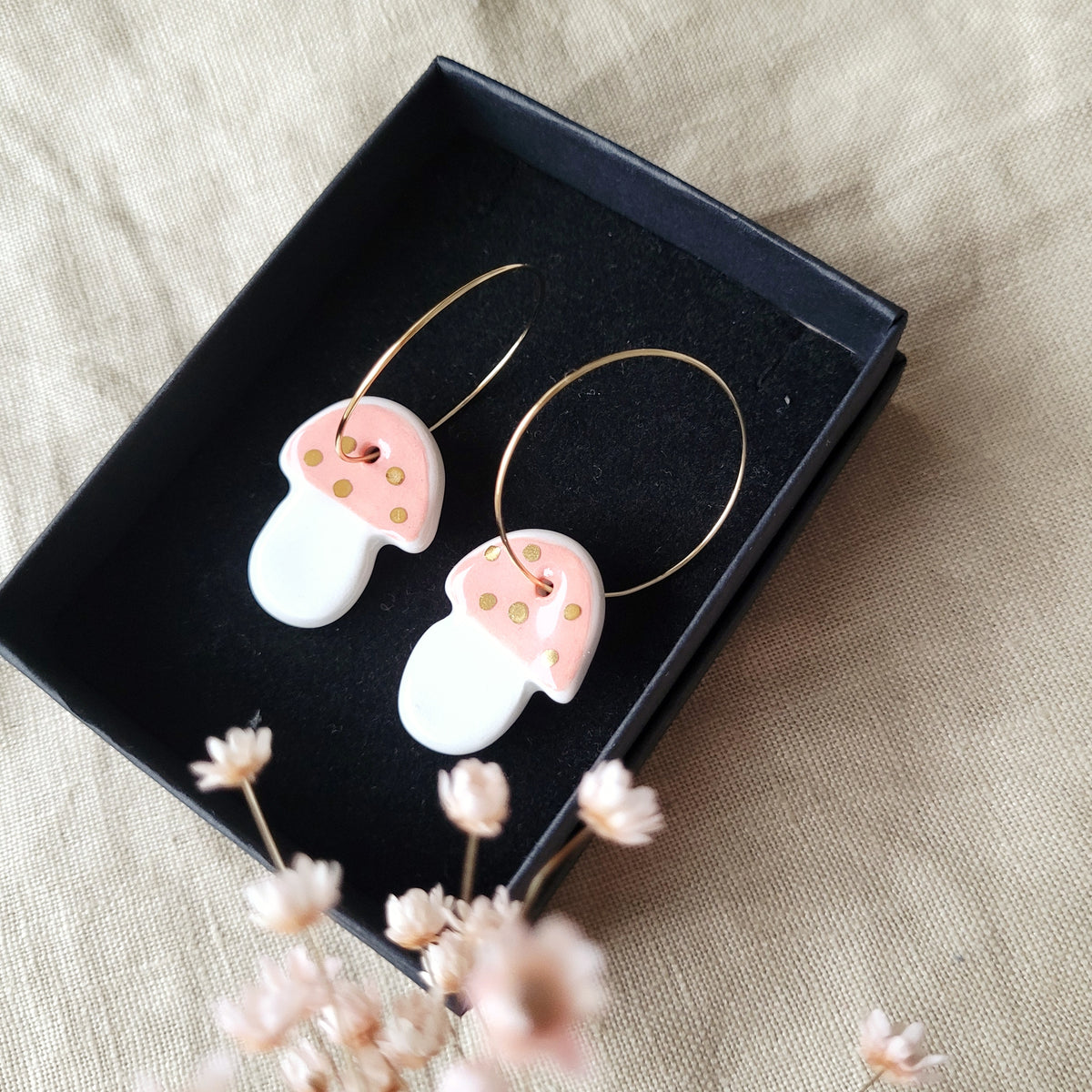 Porcelain dangle earrings with gold "Pink mushrooms"