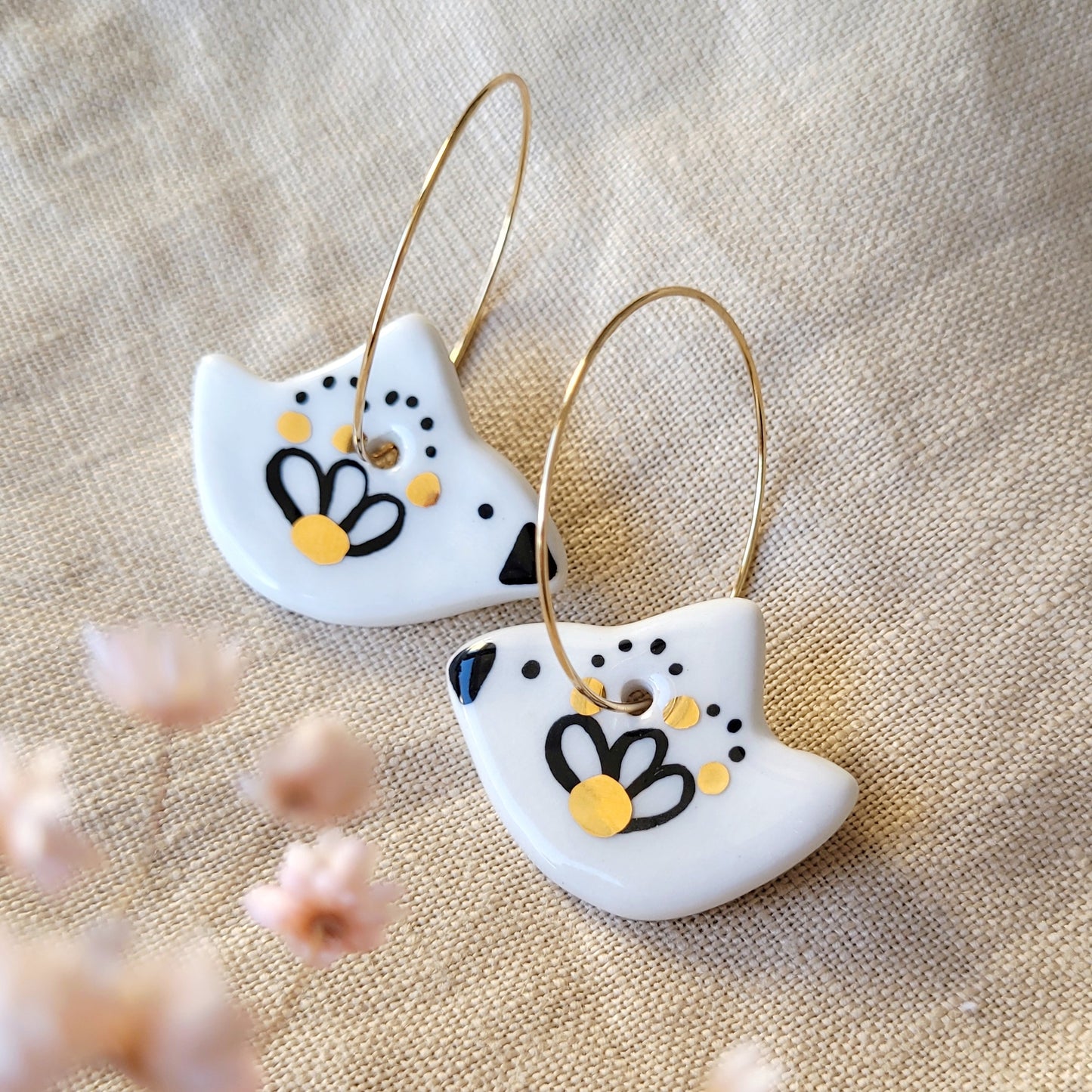 Porcelain dangle earrings with gold "White birds with black and gold"