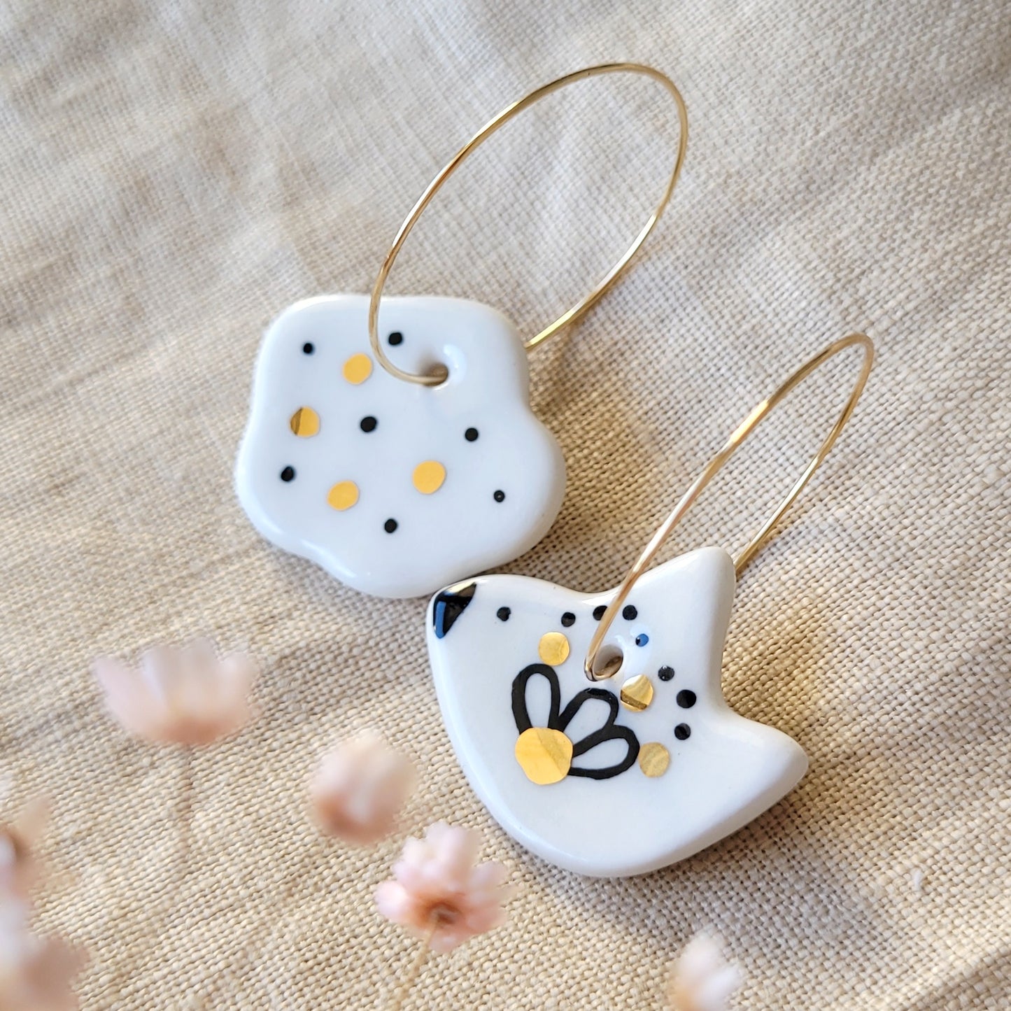 Porcelain dangle earrings with gold "White bird and cloud"