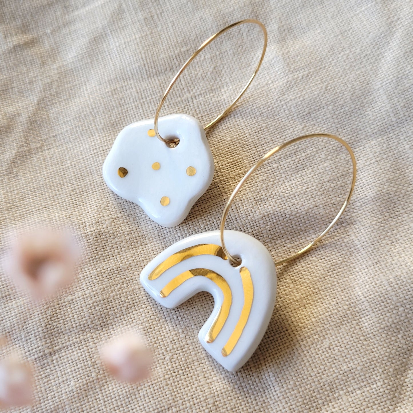 Porcelain dangle earrings with gold "White and gold cloud and rainbow"