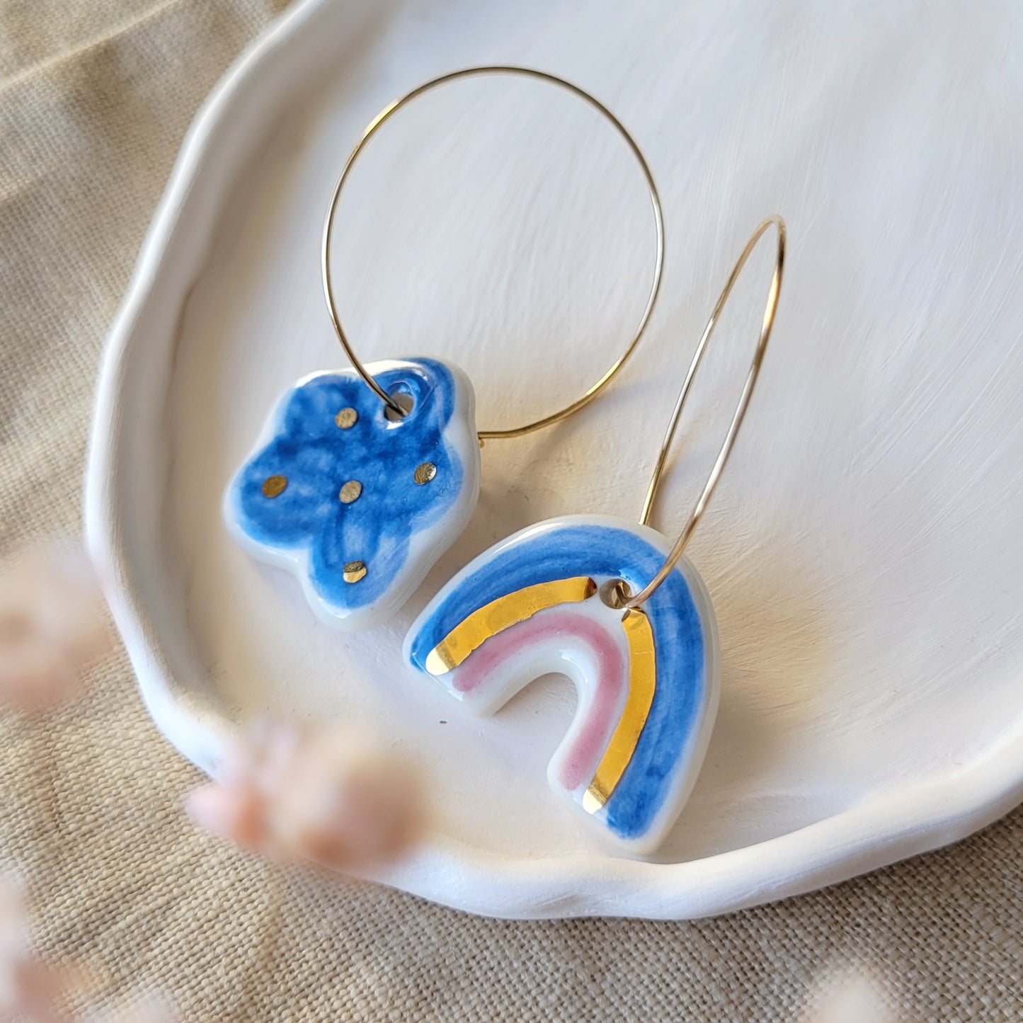 Porcelain dangle earrings with gold "Dark blue cloud and rainbow"