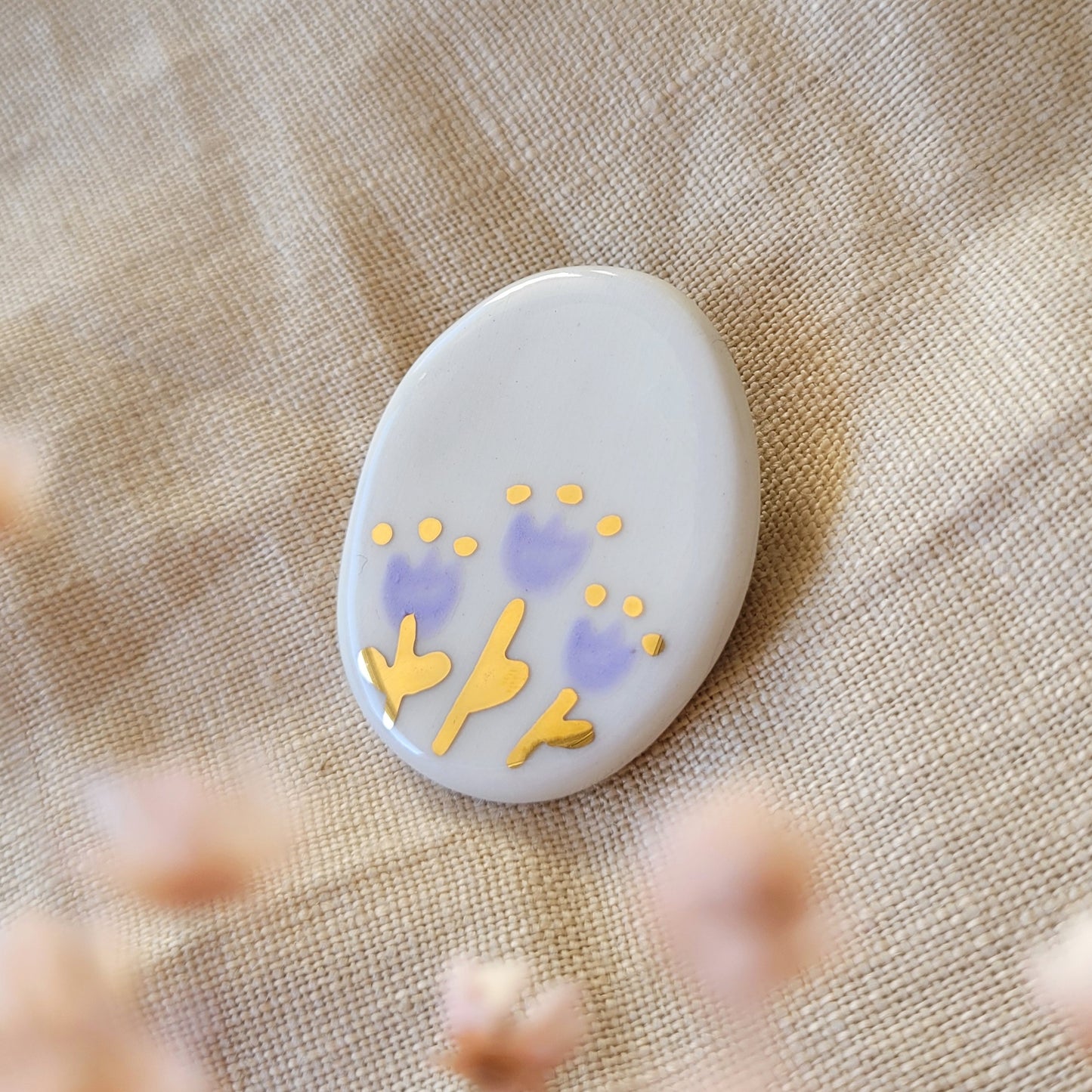 Porcelain brooch with gold "Purple tulips"