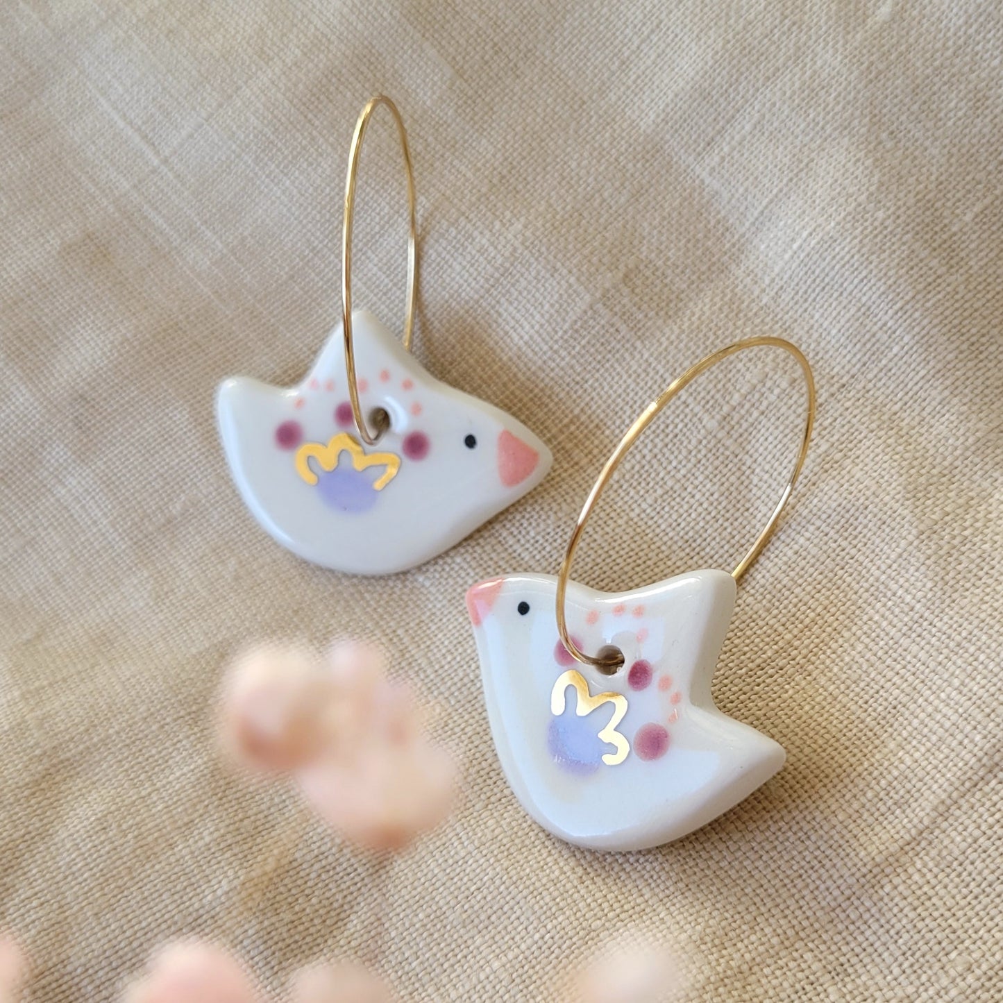 Porcelain dangle earrings with gold "White birds"