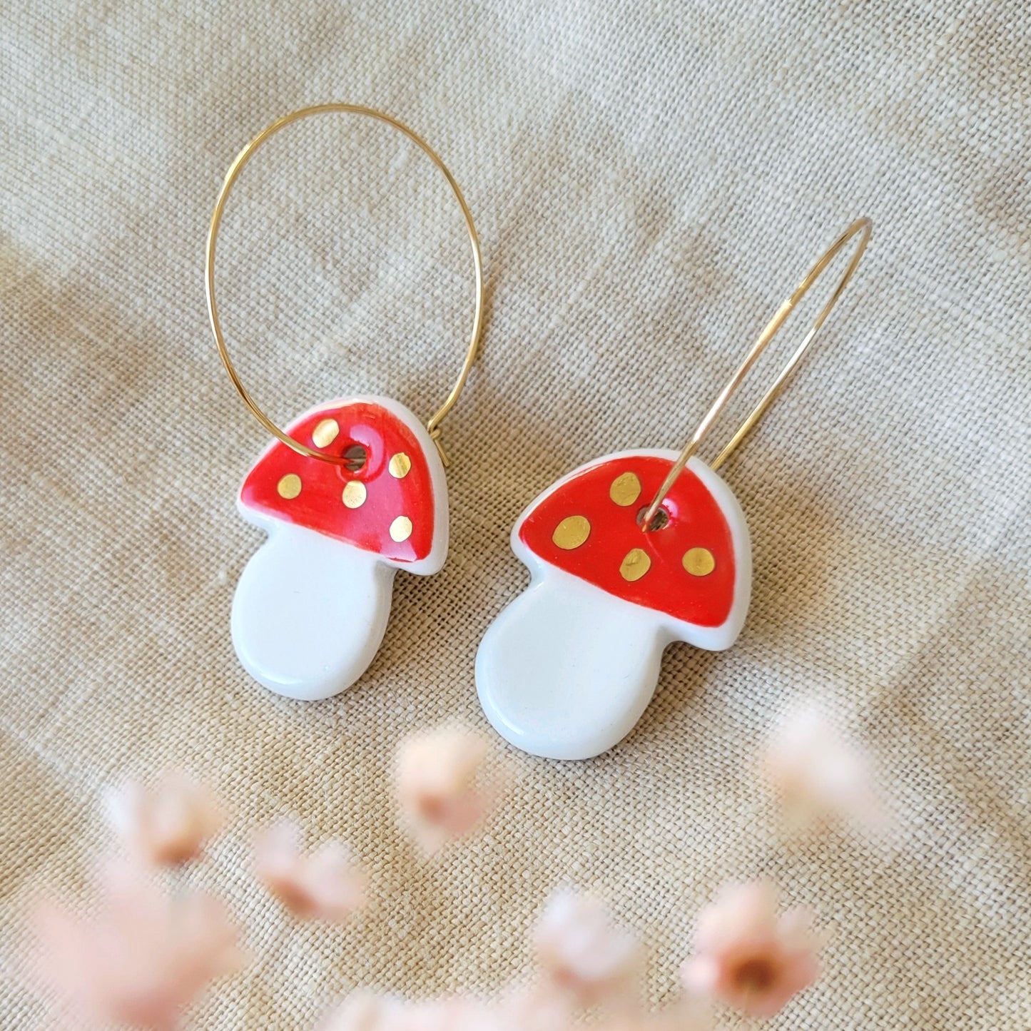 Porcelain dangle earrings with gold "Red mushrooms"