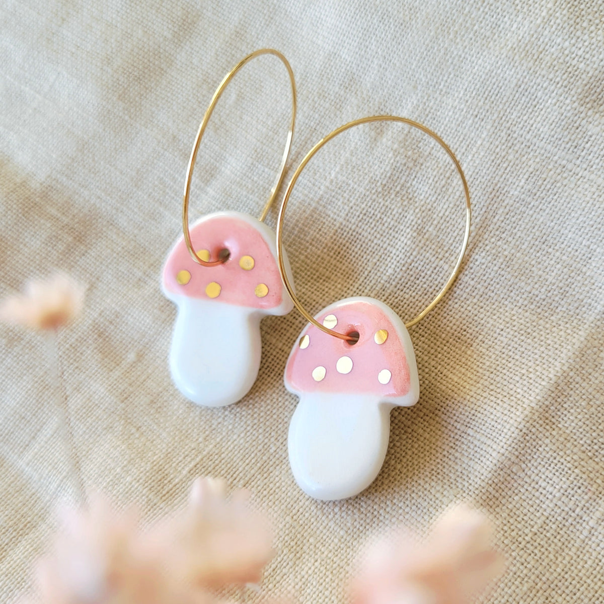 Porcelain dangle earrings with gold "Pink mushrooms"