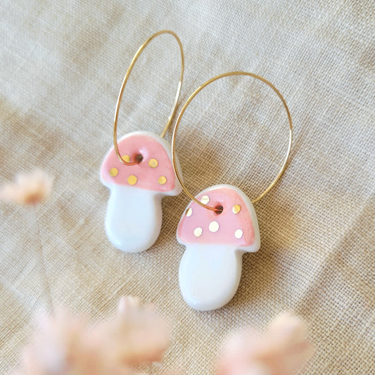 Porcelain dangle earrings with gold "Pink mushrooms"