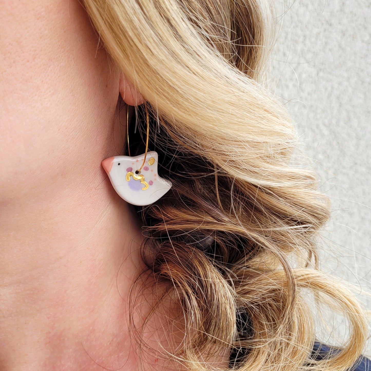 Porcelain dangle earrings with gold "White birds"