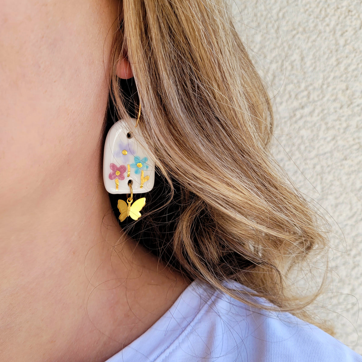 Porcelain dangle earrings with gold "Flowers"