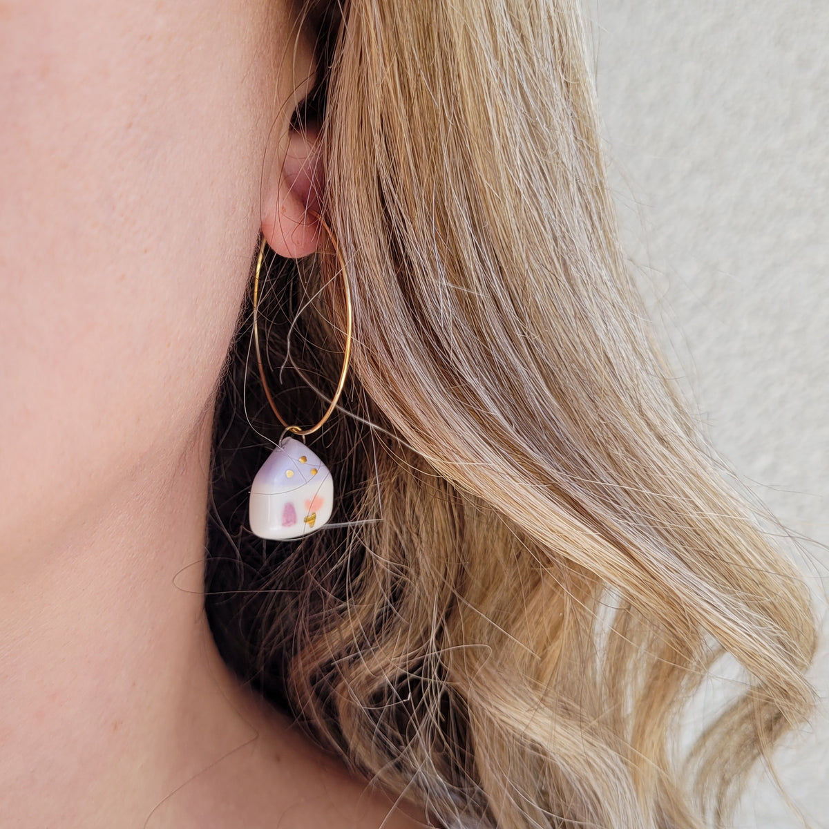 Porcelain dangle earrings with gold "Tiny purple houses"