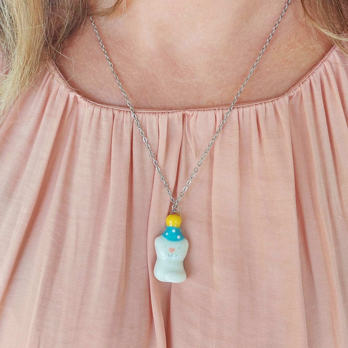 Porcelain necklace "Small party kitty with blue hat"