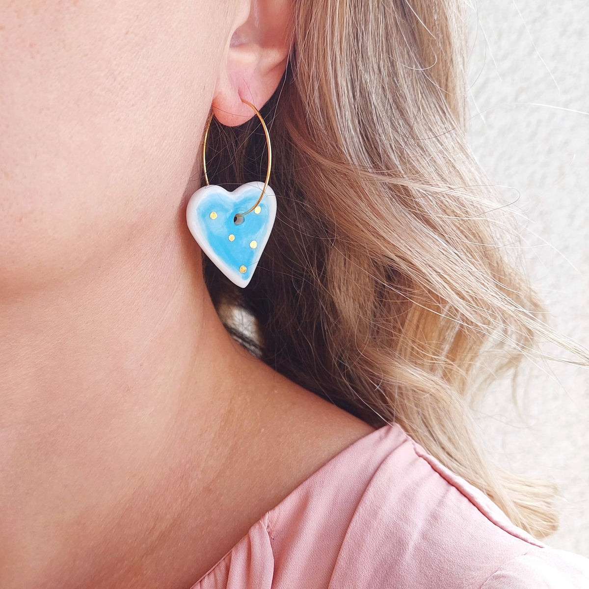 Porcelain dangle earrings with gold "White and blue hearts"