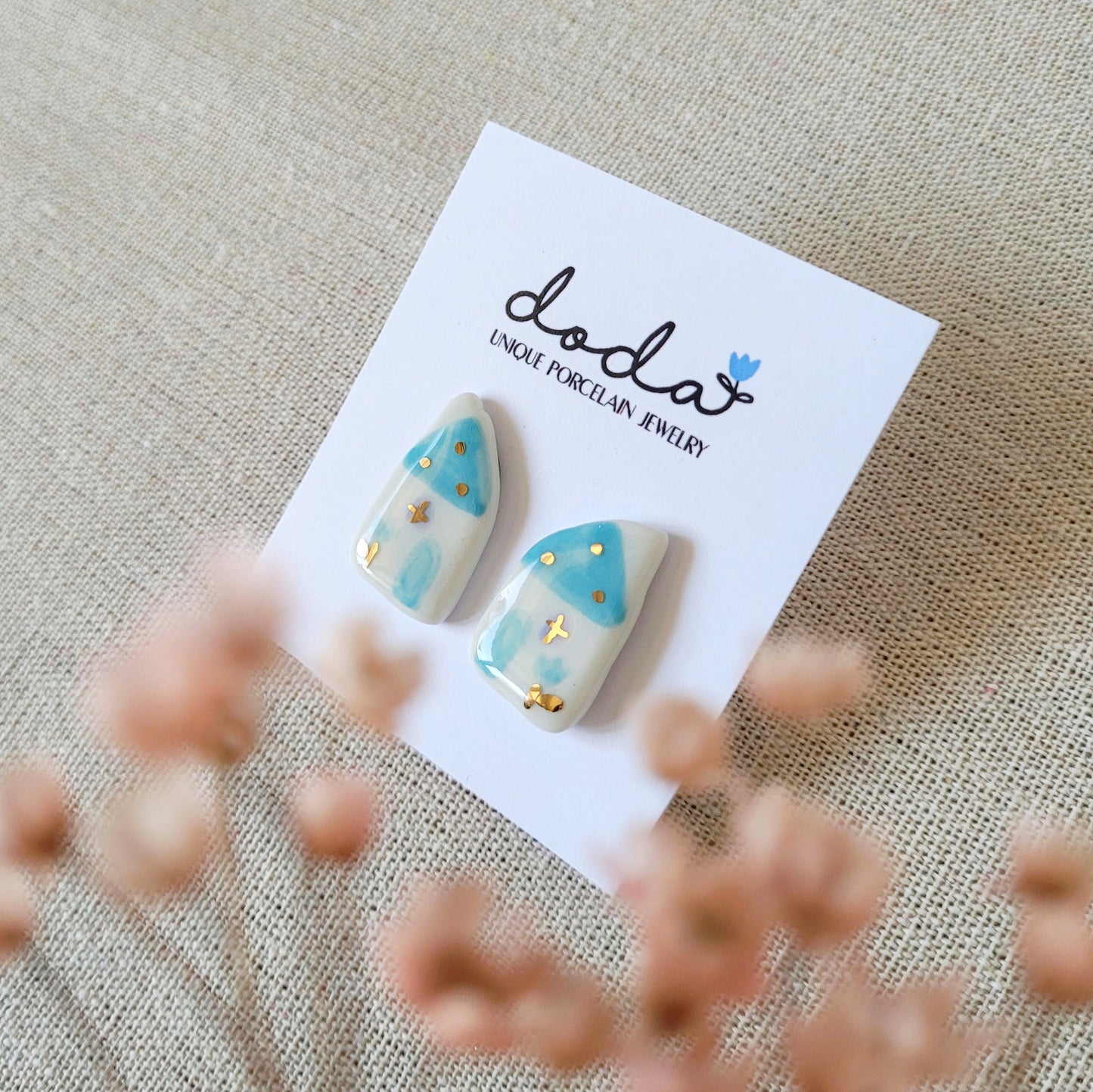 Porcelain stud earrings with gold "Light blue houses"