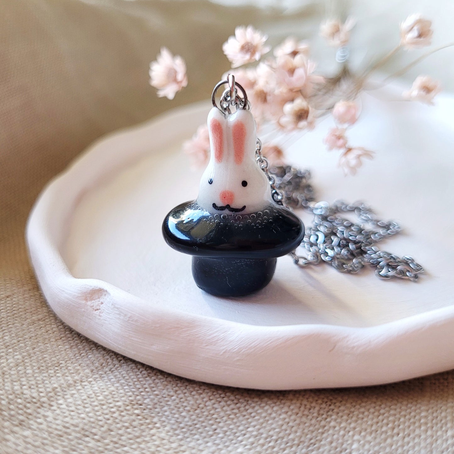 Porcelain necklace "Rabbit in a hat"