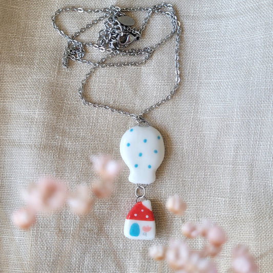 Porcelain necklace "House and white balloon"