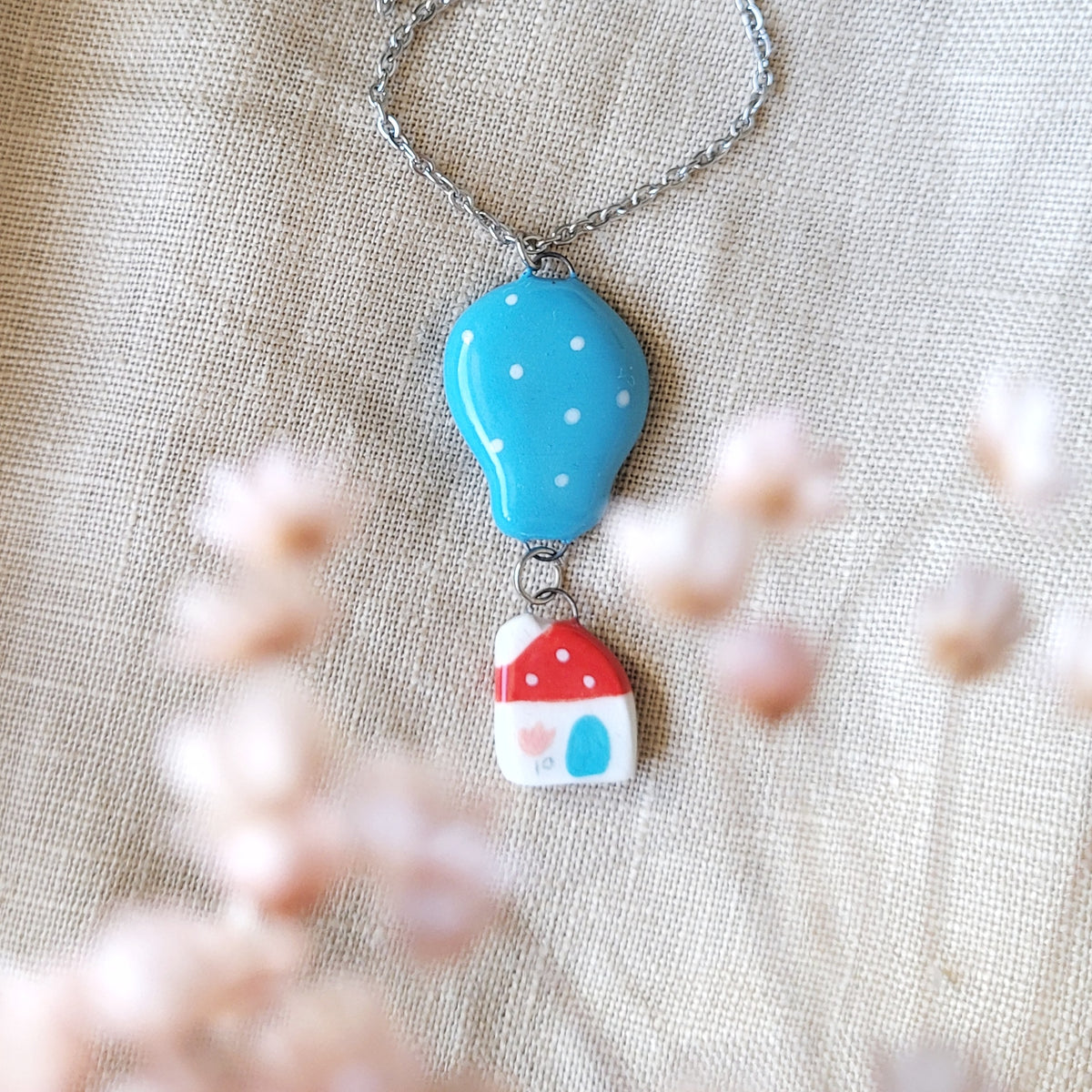 Porcelain necklace "House and blue balloon"