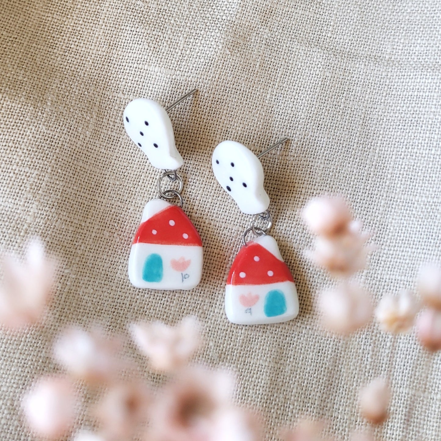 Porcelain stud earrings "Red houses"