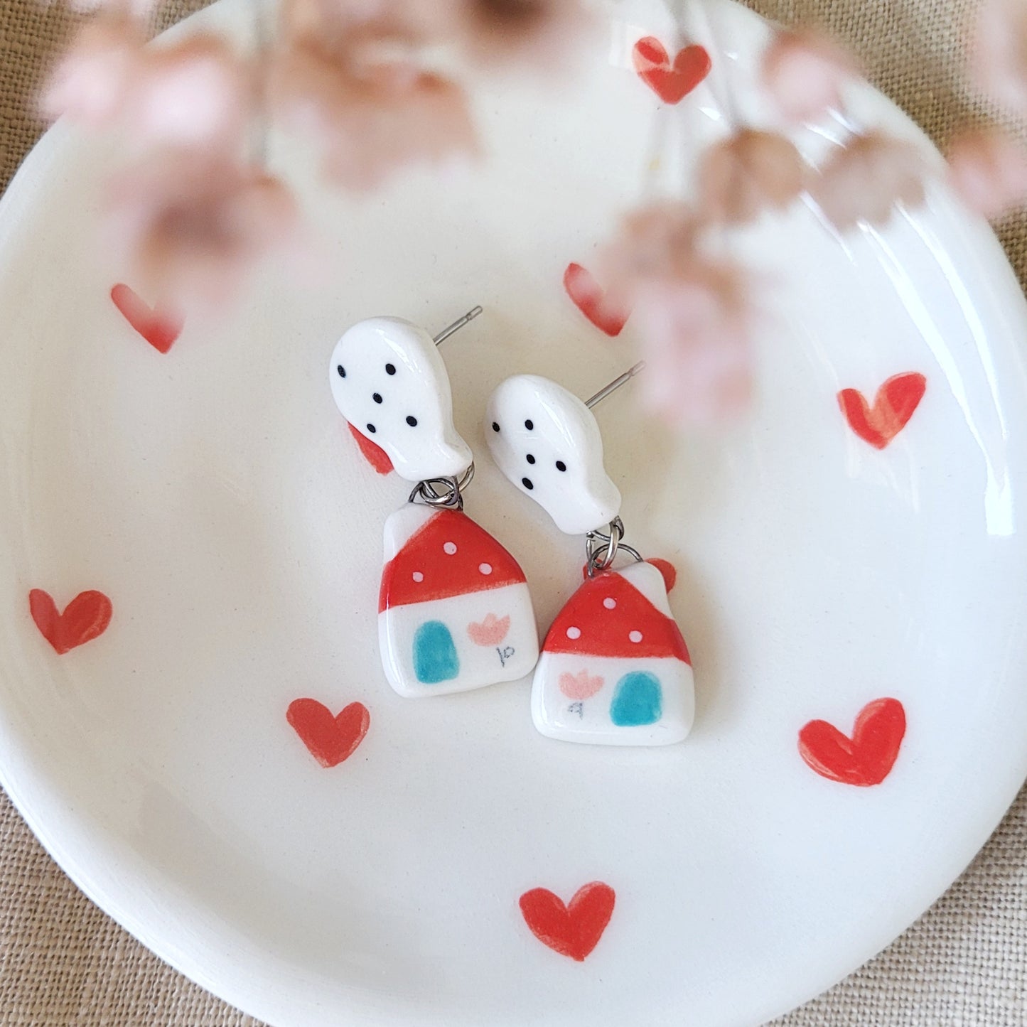 Porcelain stud earrings "Red houses"