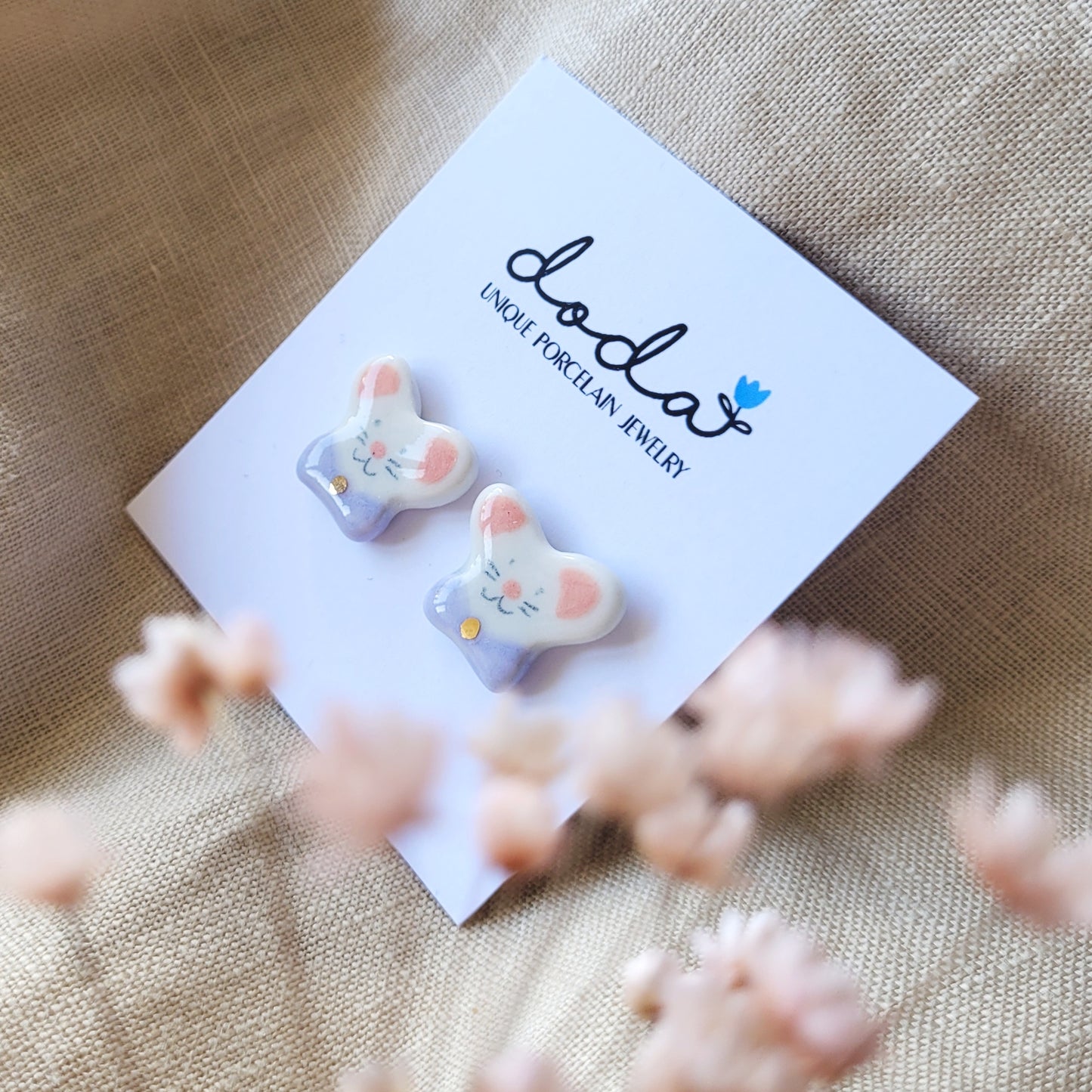 Porcelain stud earrings with gold "Little mices"