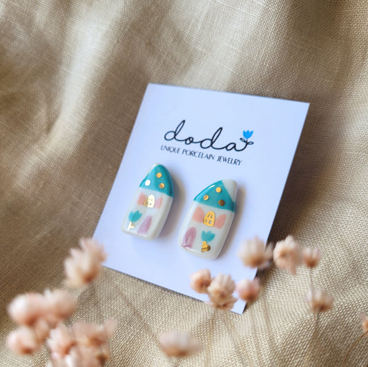 Porcelain stud earrings with gold "Light turquoise houses"