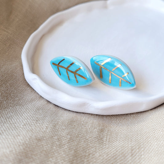 Porcelain stud earrings with gold "Light blue leaves"