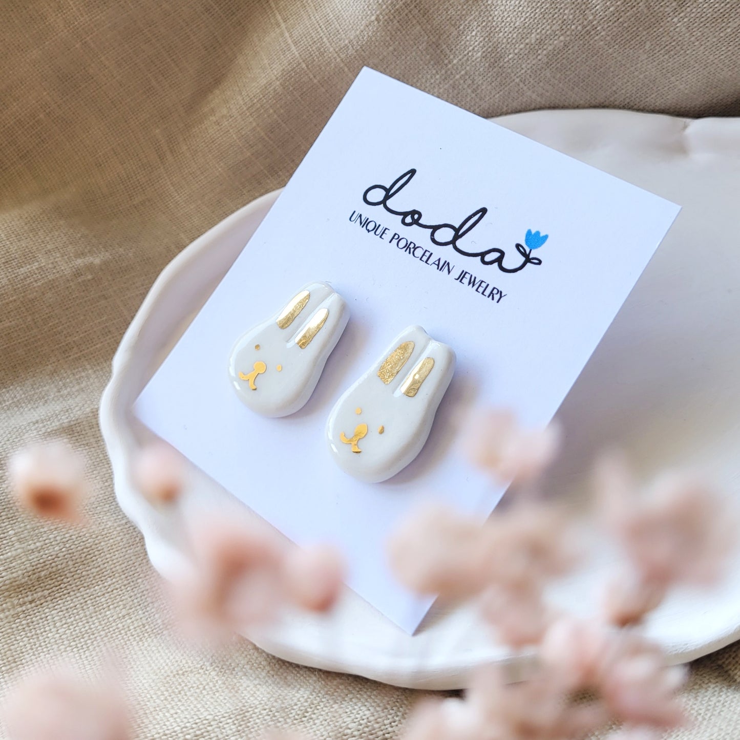 Porcelain stud earrings with gold "Bunnies"