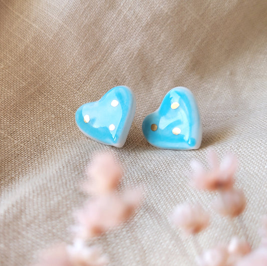 Porcelain stud earrings with gold "Light blue hearts"