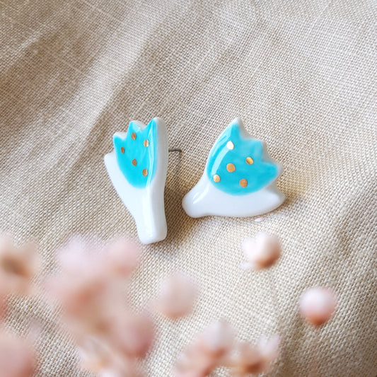 Porcelain stud earrings with gold "Light blue tulips"