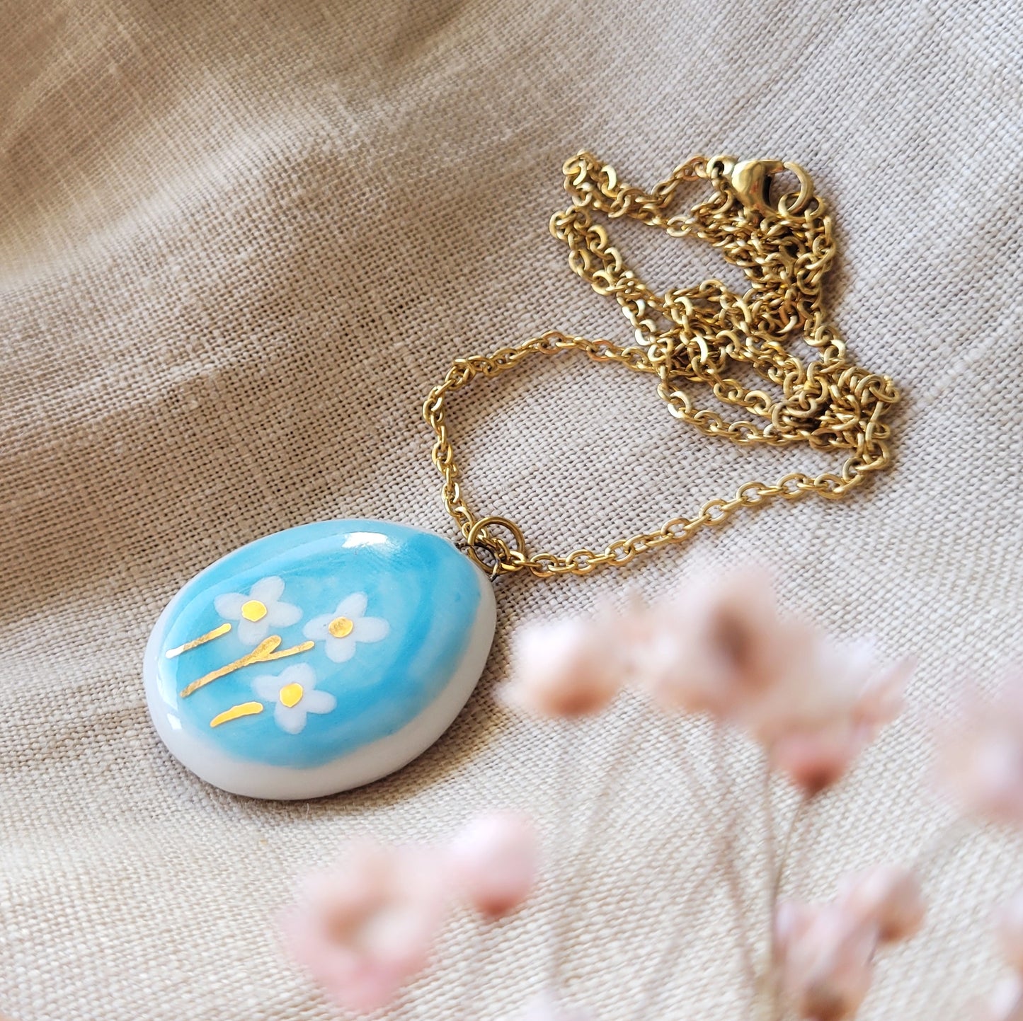 Porcelain necklace with gold "Blue sky" (big pendant)
