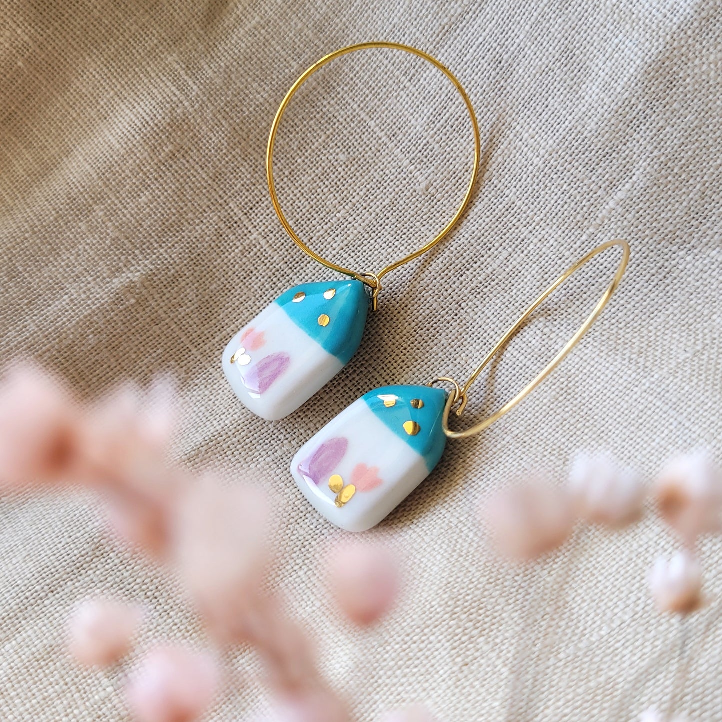 Porcelain dangle earrings with gold "Green houses"