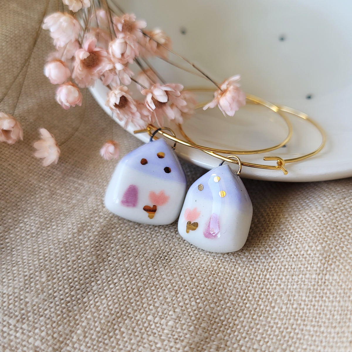 Porcelain dangle earrings with gold "Tiny purple houses"