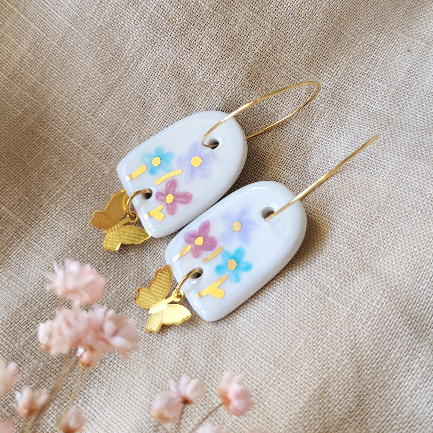Porcelain dangle earrings with gold "Flowers"