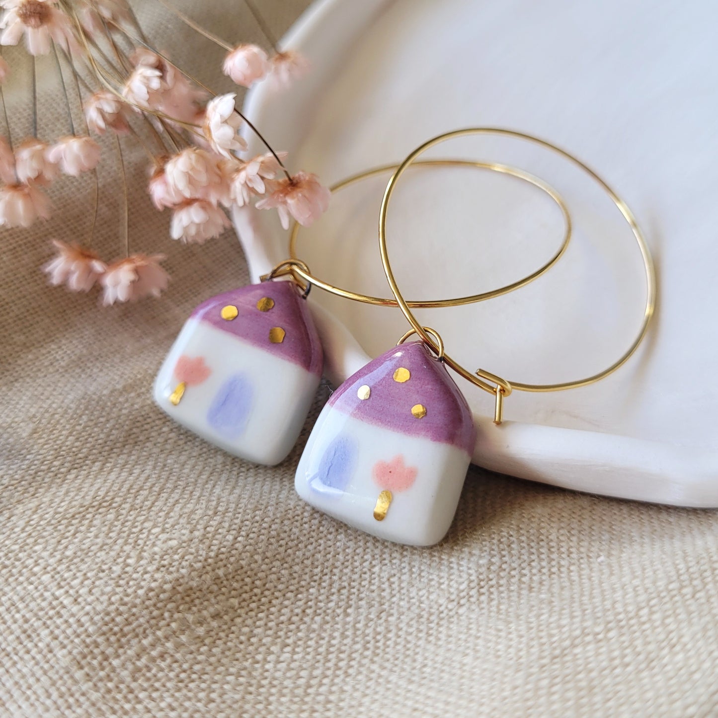 Porcelain dangle earrings with gold "Tiny dark pink houses"