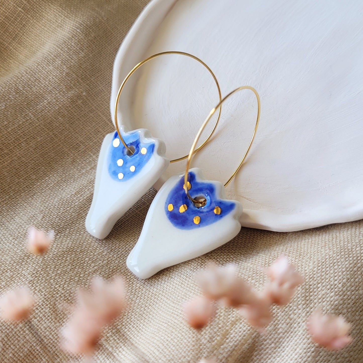 Porcelain dangle earrings with gold "Dark blue tulips"