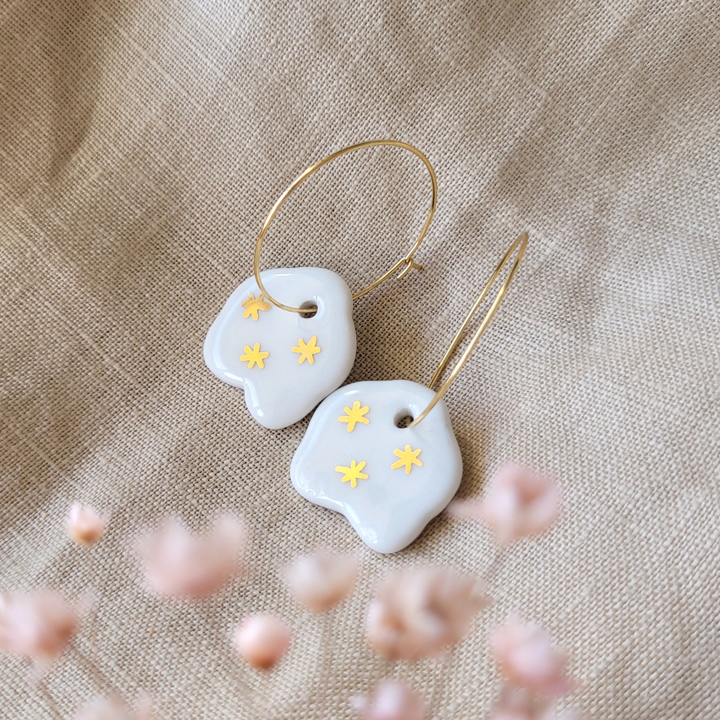 Porcelain dangle earrings with gold "White clouds"
