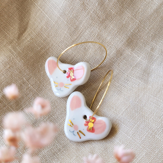 Porcelain dangle earrings with gold "Mices with bows"
