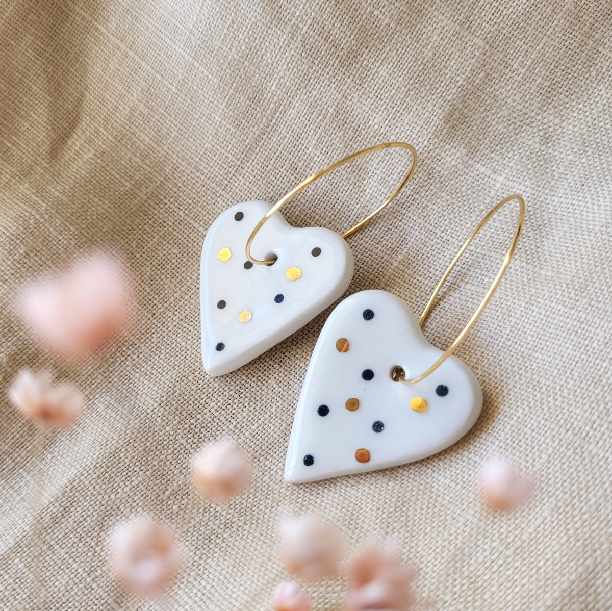 Porcelain dangle earrings with gold "Hearts with dots"