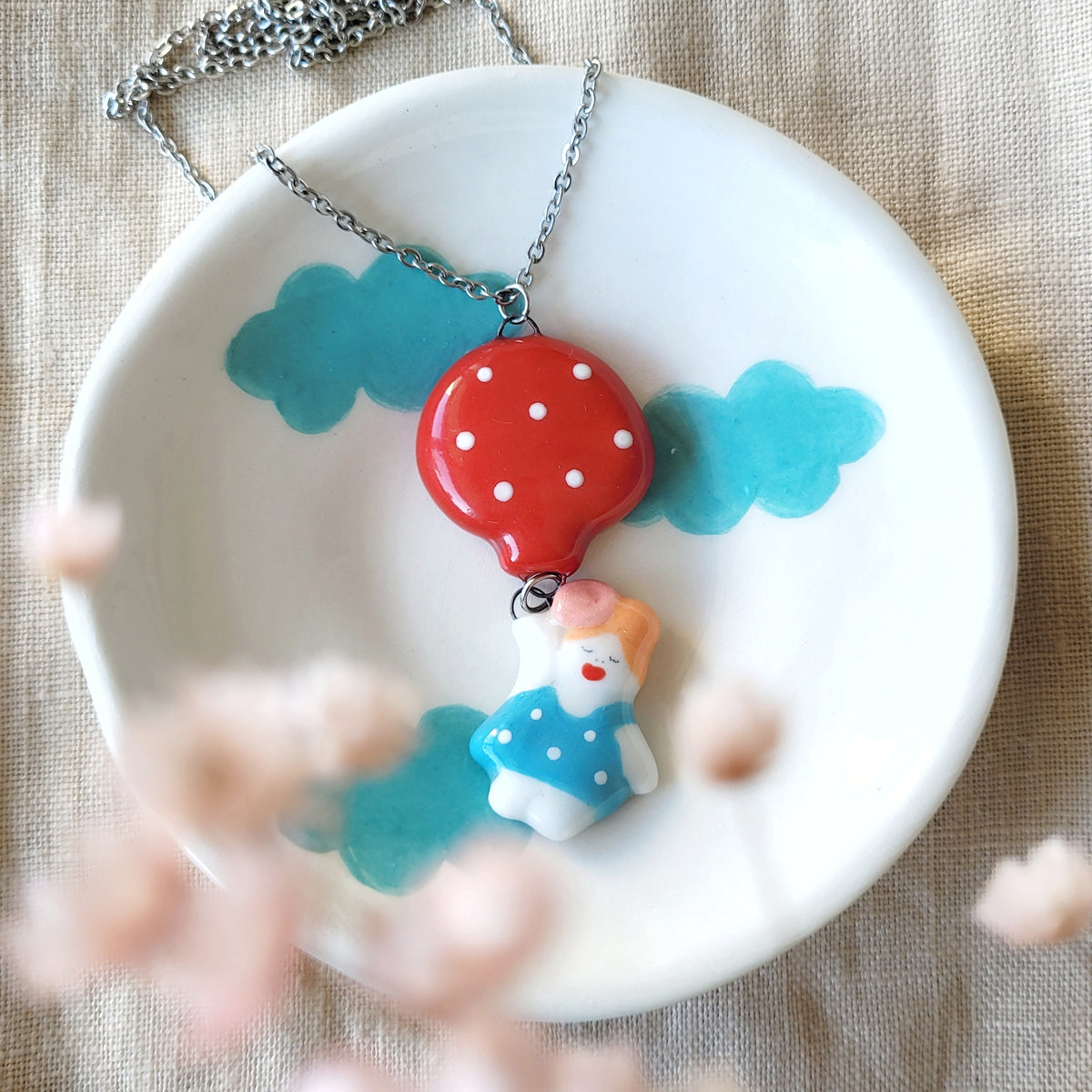 Porcelain necklace "Girl with red balloon"