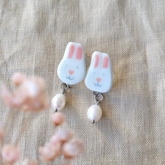 Porcelain stud earrings "Bunnies with pearls"
