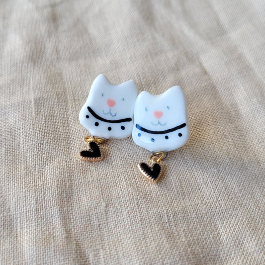 Porcelain stud earrings "Kitties with black hearts"