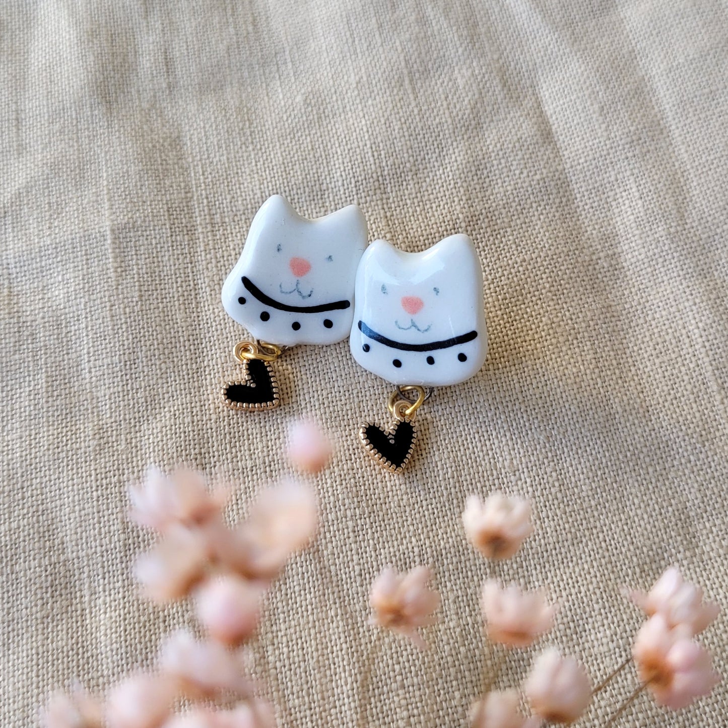 Porcelain stud earrings "Kitties with black hearts"