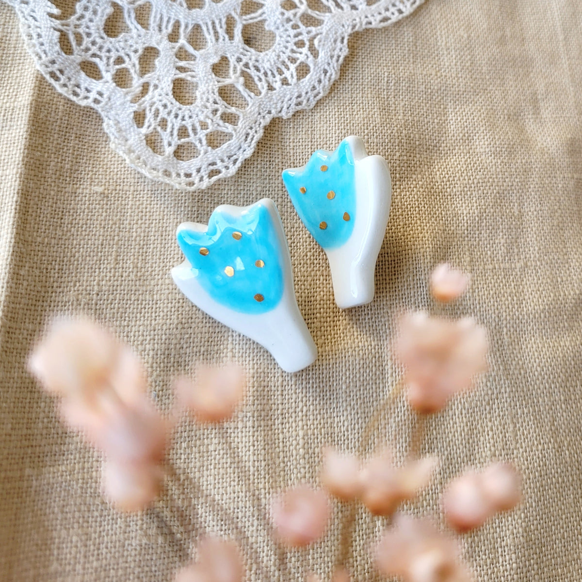 Porcelain stud earrings with gold "Light blue tulips"