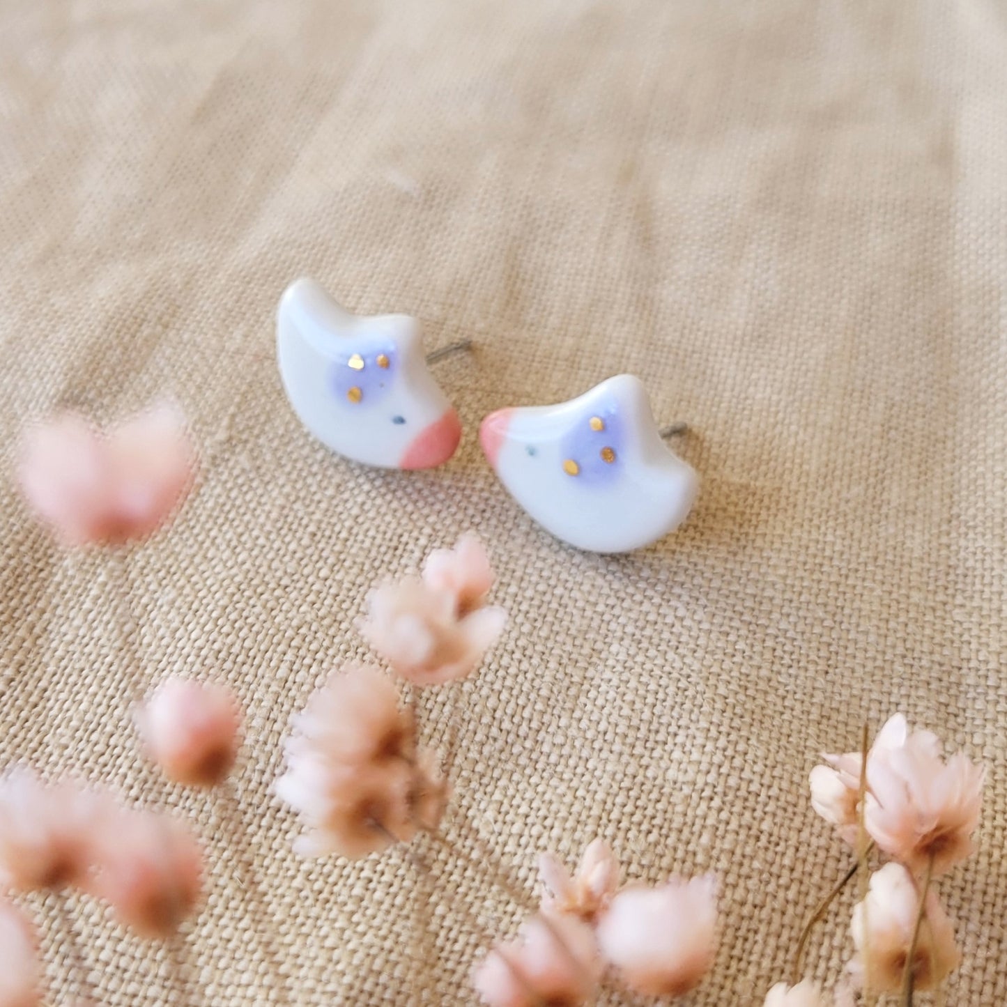 Porcelain stud earrings with gold "Tiny birds with purple wings"