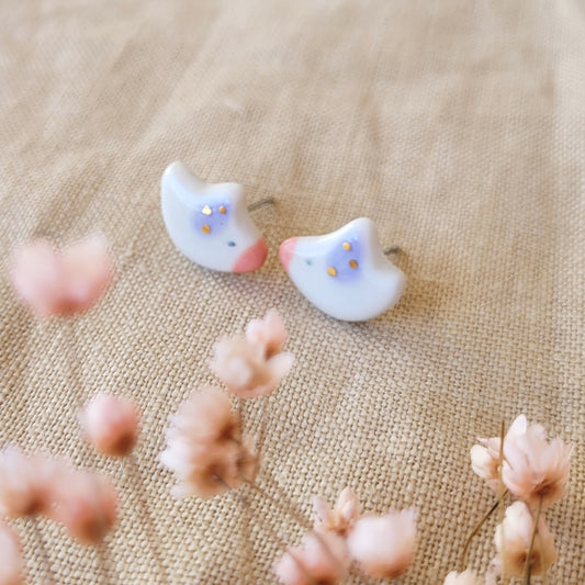 Porcelain stud earrings with gold "Tiny birds with purple wings"