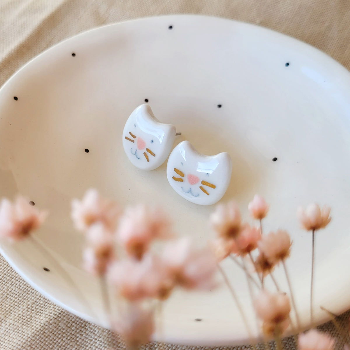 Porcelain stud earrings with gold "Tiny white kitties"